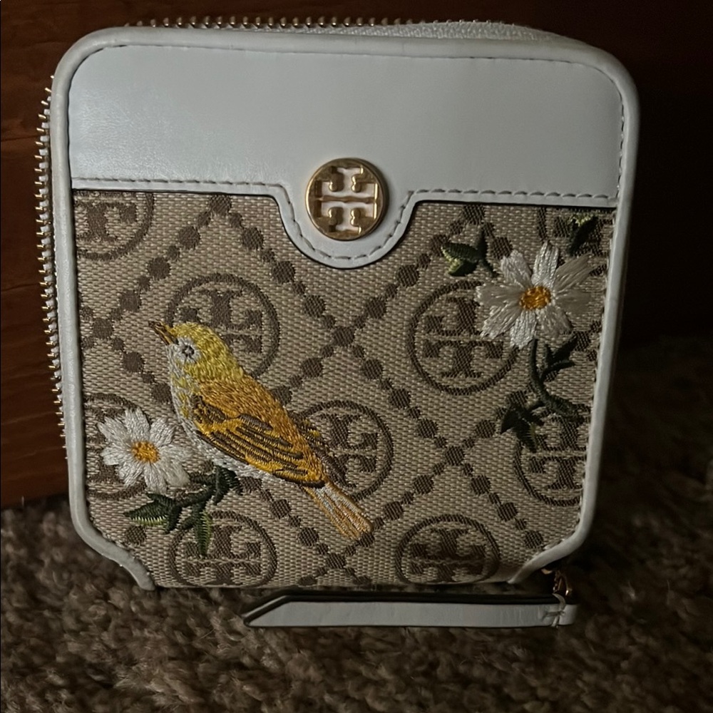 Tory Burch Embroidered Wallet with Bird and Floral Design